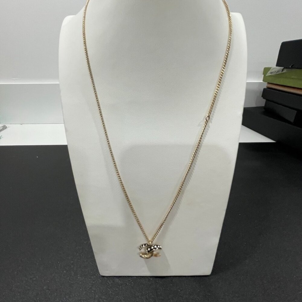 Chanel Gold Tone Black Resin Polka Dot CC Pendant Necklace (103149)